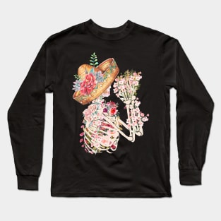 Skeleton and Flowers Bones and Botany Dia De los Muertos Long Sleeve T-Shirt